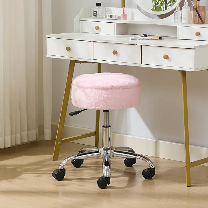 Gitrah Vanity Chair with Wheels Adjustable Vanity Stool with Storage Swivel Vanity Stool for Vanity Rolling Makeup Stool Chair Faux Fur Light Pink