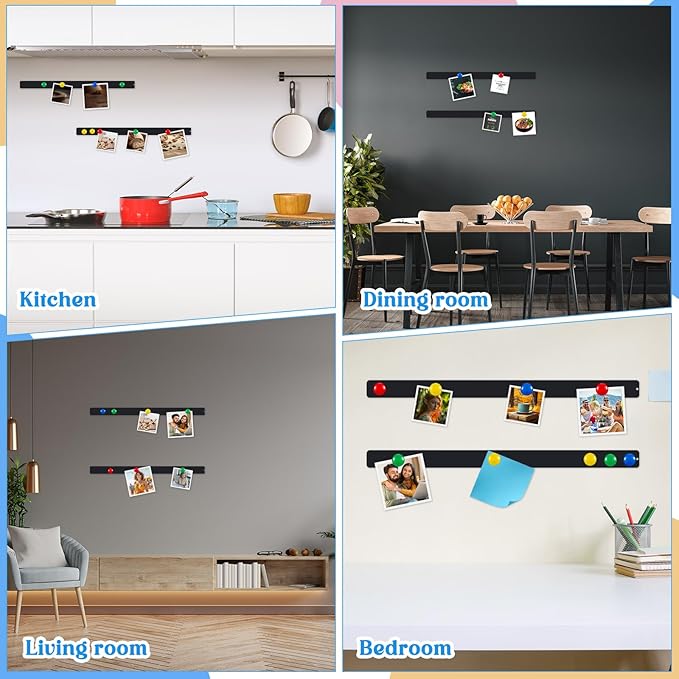 Mooliwe 6 Pieces 36 Inch Frameless Magnetic Stainless Iron Board Strips Bulletin Bar Magnetic Wall Board Memo Strip Set with 48 Pieces Colorful Magnets for School Office Home (Black)