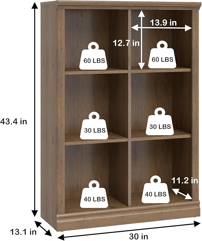 Bevfint 6 Cube Storage Organizer Bookcase - 3 Tiers 6 Storage Cube Adjustable Space Book Case, Display Cabinet Organizer, 30 inch Width Horizontal Bookshelf for Home Library Office, Vintage Oak