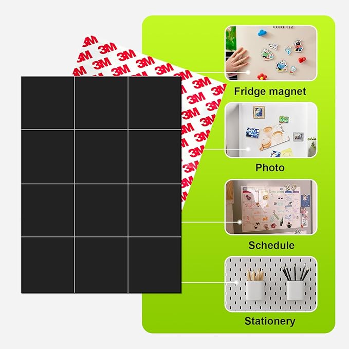 Stick On Magnets with Double Sided Adhesive Tape,Magnet Squares 2"x2",Self Sticky Pre-Cut Magnetic Strip,Peel and Stick for Lightweight Projects (80mil Thickness,24 Pieces)