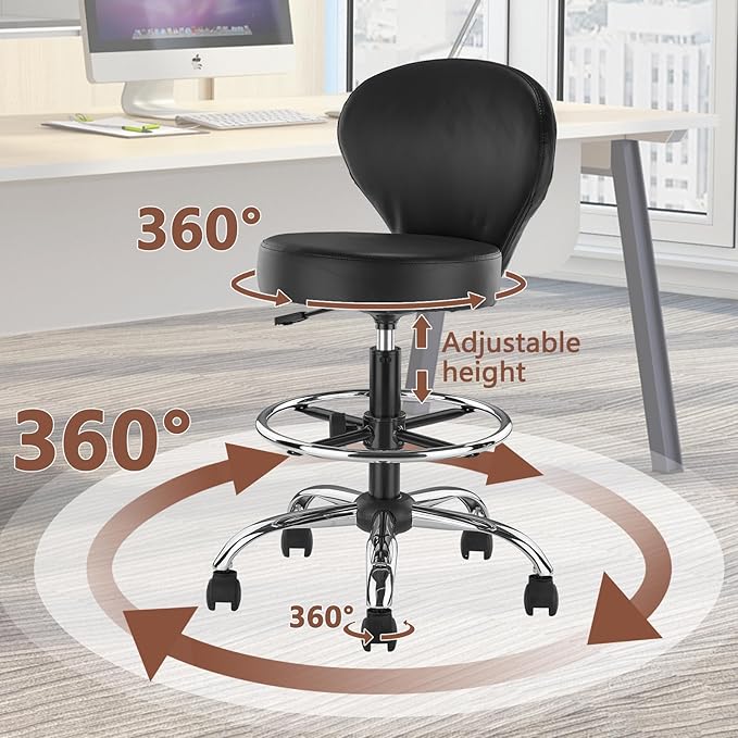 KLASIKA PVC Faux Leather Drafting Chair Rolling Swivel Salon Stool Seat Adjustable Height 30 Inch with Back Support Foot Rest Hydraulic Wide Seat Diameter 15 in for Tattoo Beauty Barber Lash