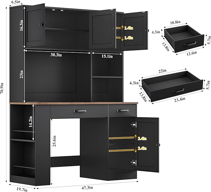 Keyluv 71" Tall Computer Desk with Hutch Cabinet, Home Office Desk with Storage Drawers Shelves and Side Rack, Wood Executive Desk with Doors, Outlet Station and Smart LED Lights, Black