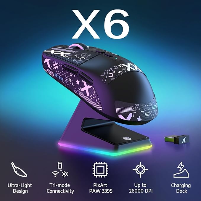 MAMBASNAKE Attack Shark X6 Wireless Gaming Mouse,RGB Magnetic Charging Dock,49g Ultralight X3 Upgrade,Tri-Mode 2.4GHz/BT5.2/USB-C,PAW3395 Sensor 26KDPI,G502 Programmable Mice for Win/Mac - Black&Tape