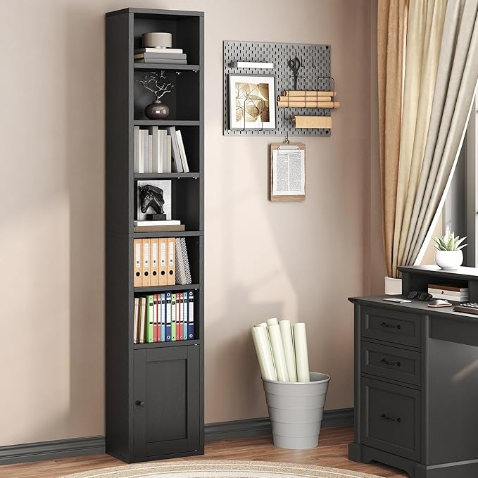 RALGEND 7-Tier Tall Narrow Bookshelf with Door, 11.8 X 9.3 X 70.9 Inches CD DVD Slim Media Tower Rack with Storage Cabinet, Adjustable Shelves, Skinny Bookshelf Display Bookcase for Home Office, Black