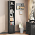 RALGEND 7-Tier Tall Narrow Bookshelf with Door, 11.8 X 9.3 X 70.9 Inches CD DVD Slim Media Tower Rack with Storage Cabinet, Adjustable Shelves, Skinny Bookshelf Display Bookcase for Home Office, Black