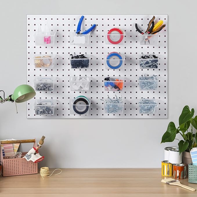 Unittype 16 Set Clear Peg Board Baskets and Bins Pegboard Baskets Organizer Accessories Peg Board Bins with Hooks Sticker Label and Pen for Office Wall Teacher Craft Supplies Garage Tool Storage