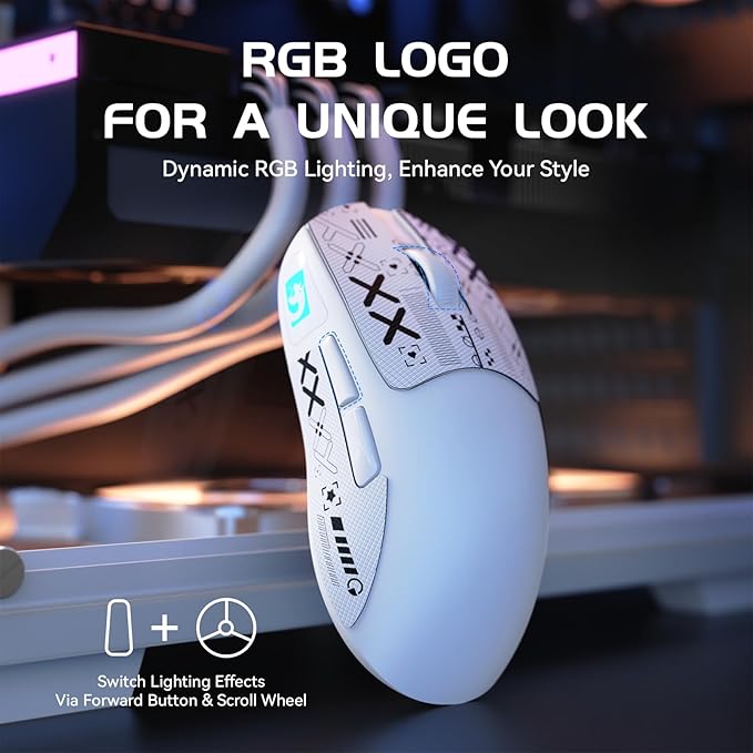 MAMBASNAKE M4 Ultra-Light Wireless Gaming Mouse 52g, 24000 DPI PAW3311 Optical Sensor,2.4G/BT/Wired Ergonomic Computer Mice, RGB Lighting,400mAh Battery，Programmable Mouse for PC/Win/MAC-White &Tape