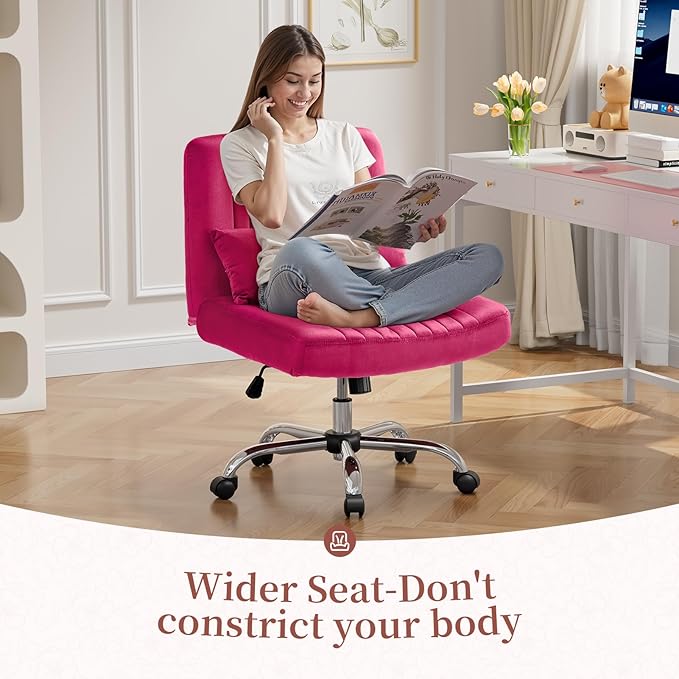 Warmiehomy Criss Cross Office Chair with Wheels, Velvet Cross Legged Desk Chairs for Home, Height Adjustable Swivel Wide Seat Computer Chair, Modern Vanity Chair for Women, Barbie Pink