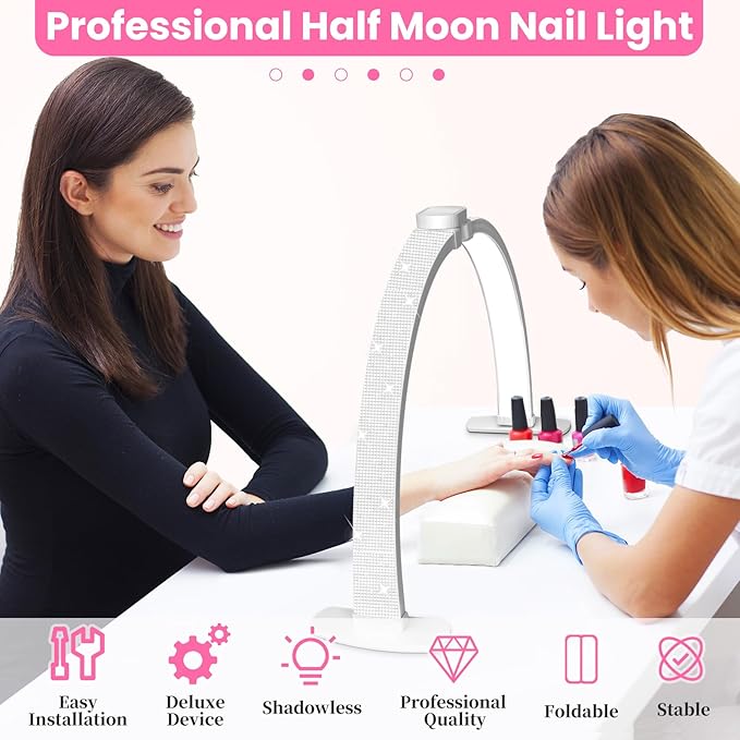 Nail Half Moon Light: Arch Rhinestone LED 29in Moonlight with Phone Holder Stand 3 Light Colors /10 Brightness Levels - Professional Nail Salon Esthetician Media Tech(Diamond,Large)