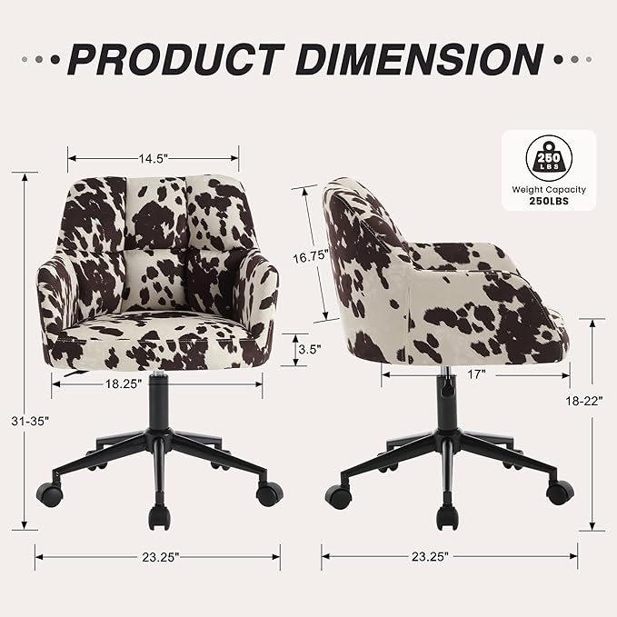 Modern Swivel Home Office Desk Chairs with Wheels and Arms Set of 2, Cow Print Velvet Height Adjustable Comfortable Ergonomic Desk Chairs, Wide Cute Cowhide Computer Armchairs for Living Room Home