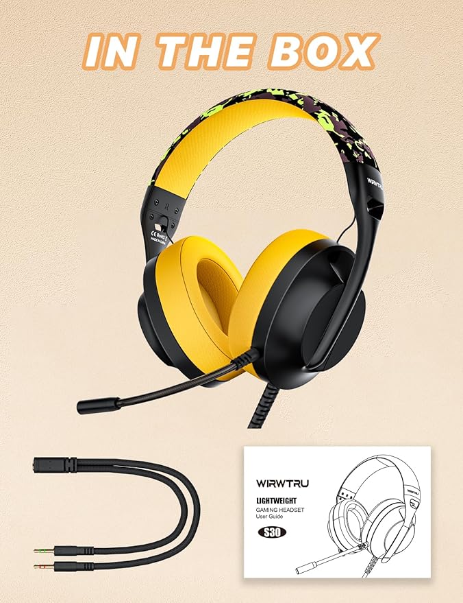 WIRWTRU S30 Gaming Headset with Microphone,198g Lightweight Design, Wired Gaming Headphones for Xbox, Xbox Series X|S, PS5, PS4, Switch, PC, Noise Cancelling Mic, Soft Earmuffs (Yellow)