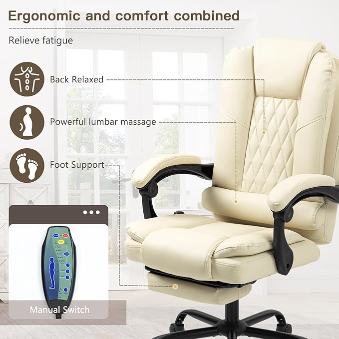 6-Point Heated Massage Office Chair with Footrest, Ergonomic Home Desk Chair with Lumbar Support, Executive High Back PU Leather Computer Chair with Armrest & Reclining, Beige