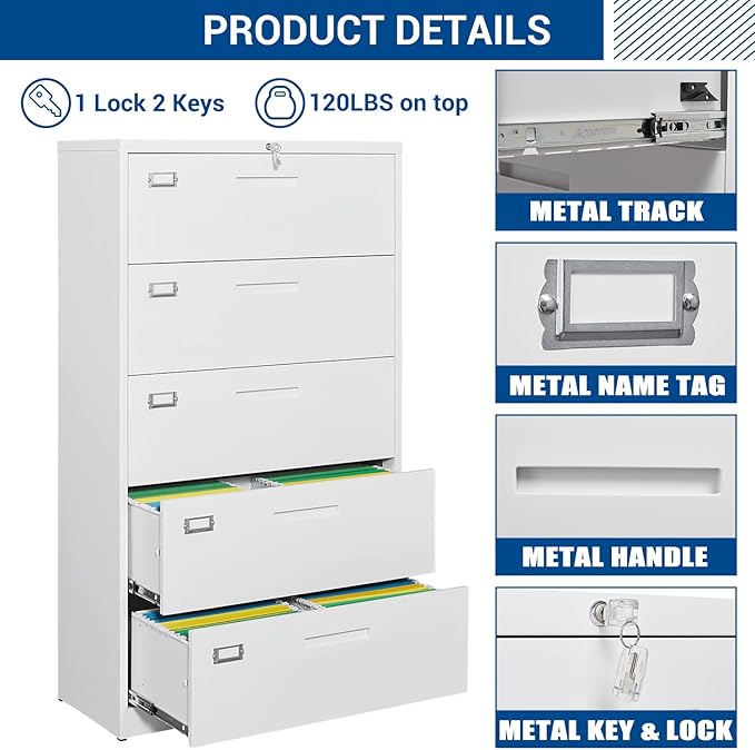 Fesbos Lateral File Cabinet with 5 Drawers - White Metal Steel Filling Cabinets for Home Office - Lockable Storage Cabinet for Hanging Files Letter/Legal/F4/A4 Size-Assembly Required