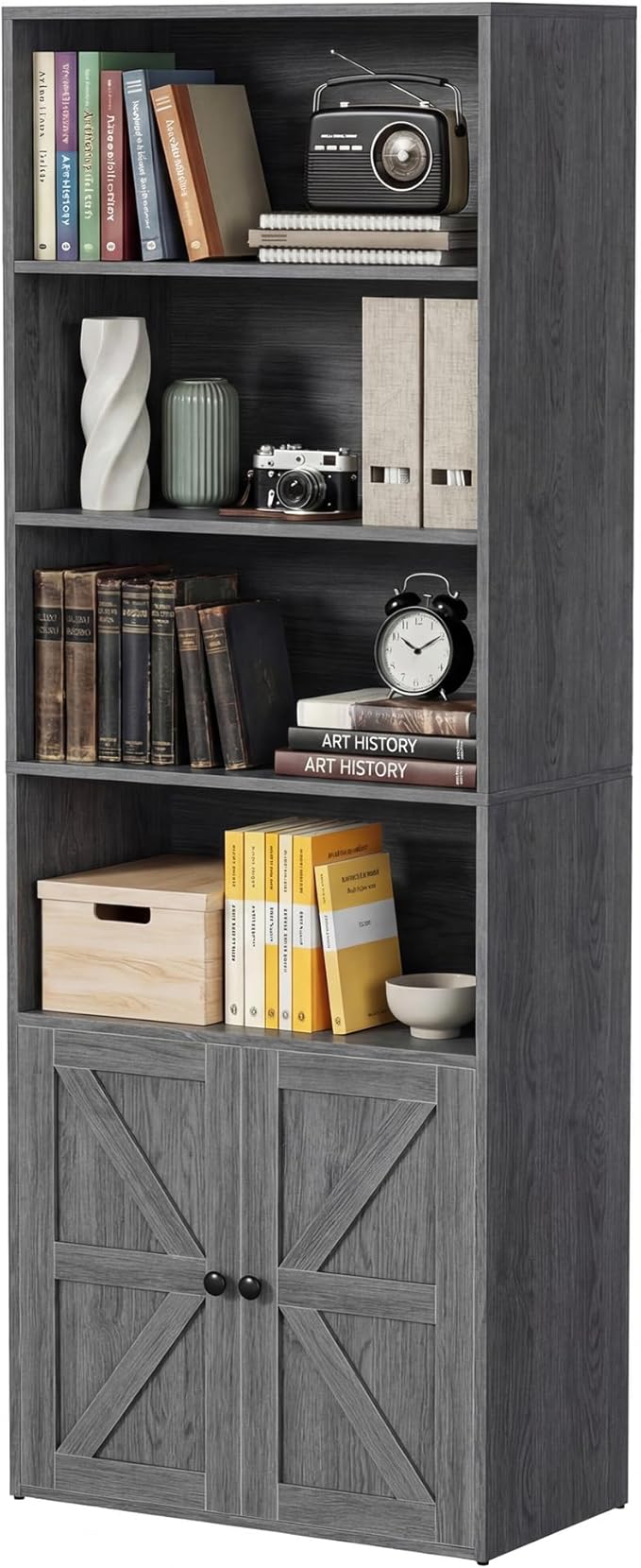 YESHOMY Farmhouse Bookshelf and Bookcase with Doors, Industrial Bookshelves and Bookcases Floor Standing Display 6-Tier Shelf Storage Shelves 71.5 inchs for Home Office, Living Room, Gray, 1 PCS