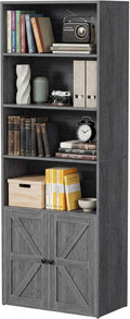 YESHOMY Farmhouse Bookshelf and Bookcase with Doors, Industrial Bookshelves and Bookcases Floor Standing Display 6-Tier Shelf Storage Shelves 71.5 inchs for Home Office, Living Room, Gray, 1 PCS