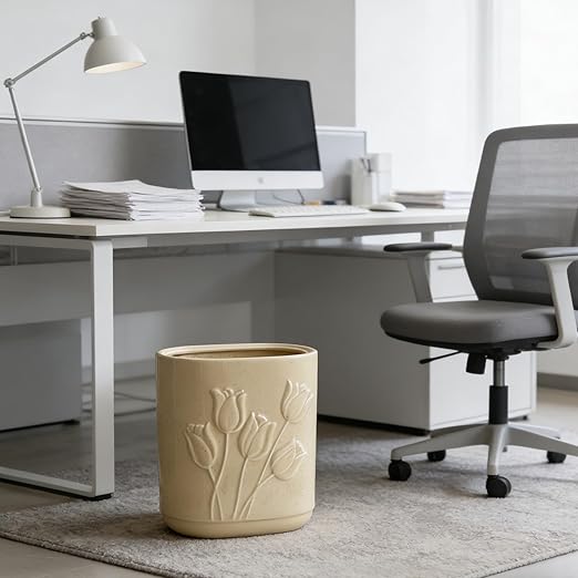 Beige Ceramic Tulips Small Bathroom Trash Can 2.6 Gal (10 Liter) - Heavy & Decorative Garbage Bin for Bathroom, Kitchen, Office, Bedroom & Living Room Corner
