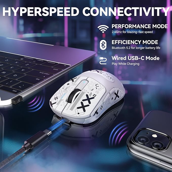 MAMBASNAKE Attack SHAKR X3MAX Wireless Gaming Mouse,PixArt PAW3950 42000 DPI,49g Ultralight Tri-Mode(BT5.4/2.4GHz/Wired), 1K Polling Rate Programmable Computer Mice for PC/MAC/Win - White&Tape
