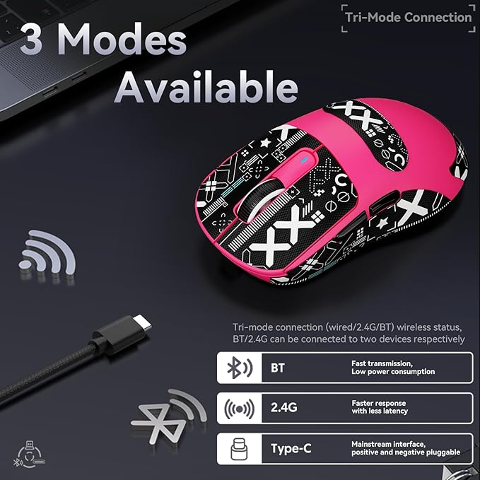 Attack Shark X3 Wireless Gaming Mouse, 49g Ultralight, PixArt PAW3395 26000 DPI, Bluetooth/2.4Ghz /Wired Tri-Mode, 200Hrs Rechargeable Battery, Kailh GM8.0 Switch for PC/MAC/Win - Rose Red&Tape