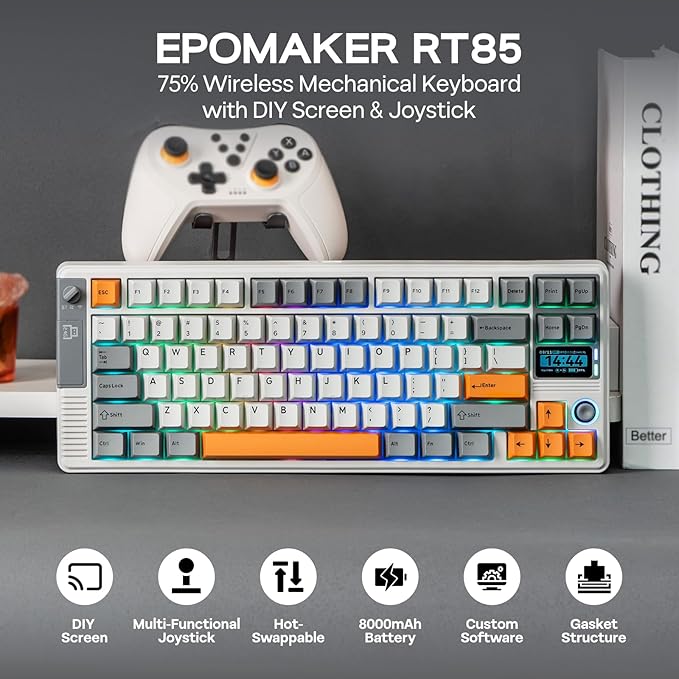 EPOMAKER RT85 Wireless Mechanical Keyboard with Joystick & DIY Screen, 8000mAh, BT/USB/2.4Ghz, Gasket, 5-Layer Paddings, Hot-Swap, PBT Keycap, 75% Gaming Keyboard (Retro White, Crystal Switch)