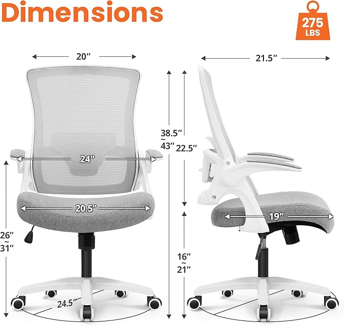 NEO Chair Office Desk Gaming Chair Computer High Back Mesh Seat with Rolling Wheels Ergonomic Adjustable Comfy Flip-up Armrests Lumbar Support Height for Home (Grey)