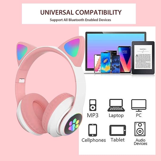 Cat Ear Bluetooth Headphones for Kids & Adults, Wireless Foldable & Wired Multi-Function LED Light Up Over Ear Headphones with Mic and Volume Control for iPhone/iPad/Laptop/PC (White 2)