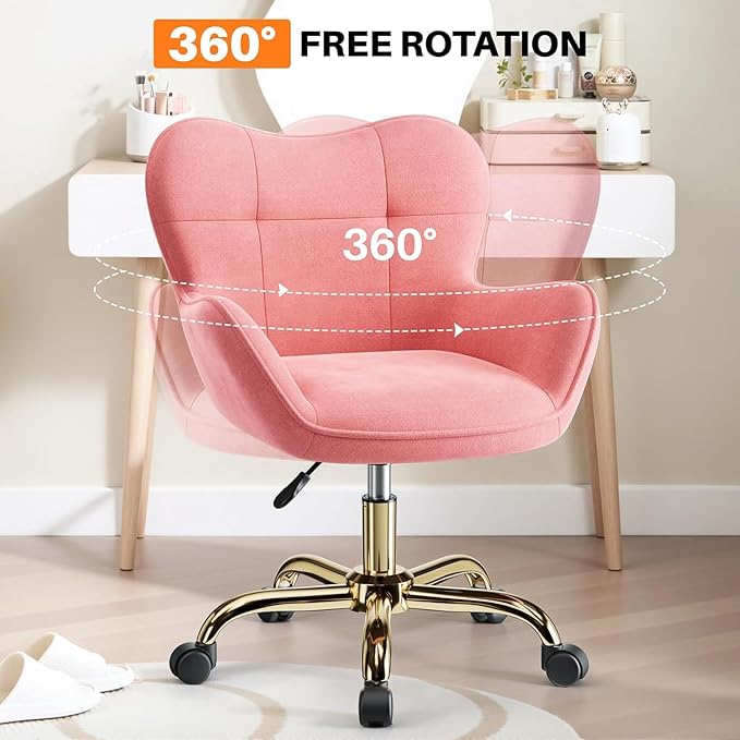 Vanity Chair with Wheels, Cute Home Office Desk Chairs Adjustable Height for Living Bedroom, Small Modern Fluffy Velvet Makeup Chair with Back for Girls (Pink)