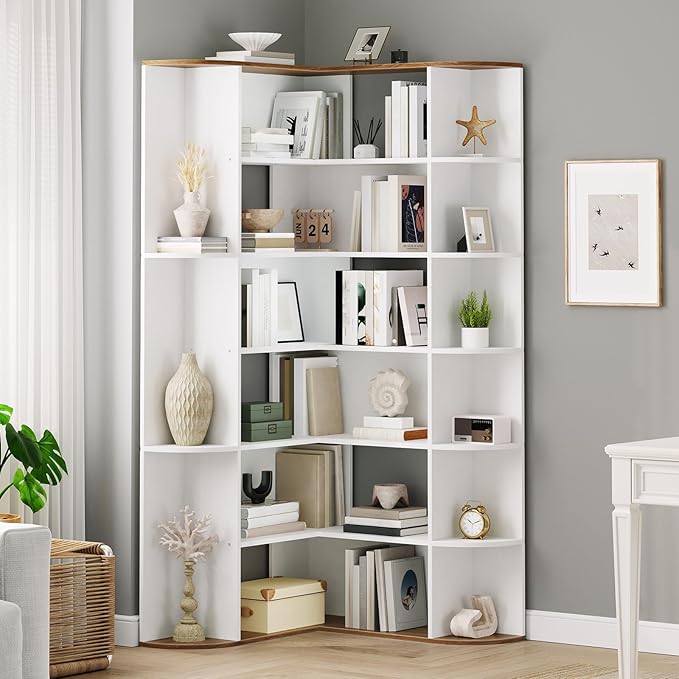 HOOBRO 74" Tall Corner Bookshelf, 6-Tier Bookcase with Open Storage, L-Shaped Modern Bookshelf with Display Shelf, Wooden Storage Shelves for Home Office, Living Room, White WH80SJ01