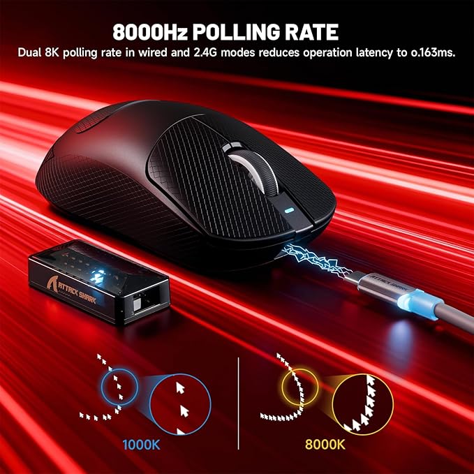 ATTACK SHARK X8 Ultimate Wireless Gaming Mouse,PAW3950MAX 42K DPI Sensor,Nordic 54L15 MCU,Wireless/Wired Dual 8K Polling,Optical Switch,59g Lightweight Tri-Mode Mice with Coiled Cable-Black&Griptape
