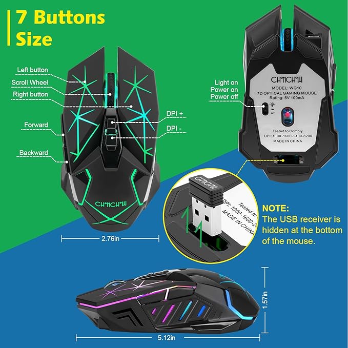 CHONCHOW Rechargeable Wireless Gaming Mouse, 7 Buttons, Up to 3200 DPI, RGB LED, USB-C, Side Buttons, 2.4G, Long Charging Cable,Compatible PC Laptop Win Mac Chromebook, Black