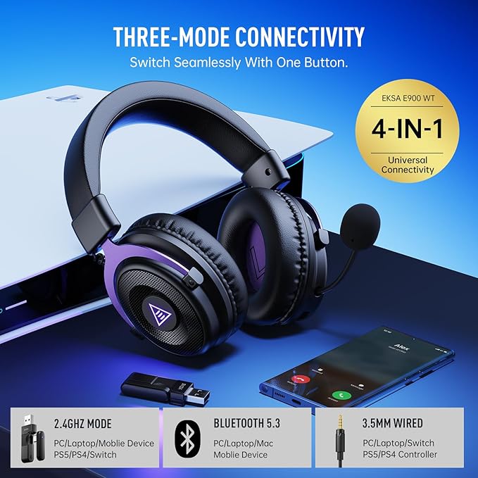 EKSA E900WT Wireless Gaming Headset for PC Ps5 Ps4, 2.4 Ghz USB&Type-C Gaming Headphones with Microphone, 30ms Latency, 80H Battery Bluetooth Headphones for Switch, Laptop, Mobile, Mac