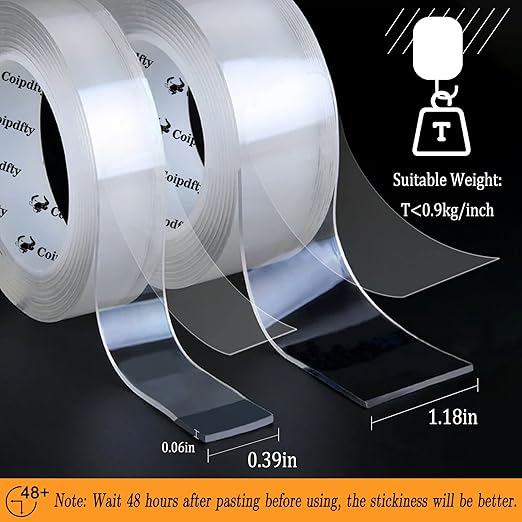 Double Sided Tape Heavy Duty for Wall Decor No Damage to Paint,Clear Removable Mounting Tape,Nano Two Sided Adhesive Tape,Picture Hanging Strips for Posters,Stickers -2Rolls(1.18in*6.5FT+0.39in*6.5FT)
