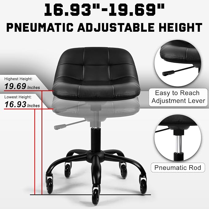 Rolling Shop Stool with Wheels, Rolling Stool with Back Support, 360° Swive Garage Chair, Height Adjustable Chair 330lb Heavy Duty for Spa Salon Massage Home Office Tattoo (Black)