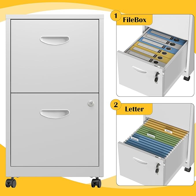 SteeLoong 2 Drawer File Cabinet with Lock，White Rolling File Cabinet for Home Office, Metal Small Mobile Filing Cabinets on Wheels for Hanging Letter