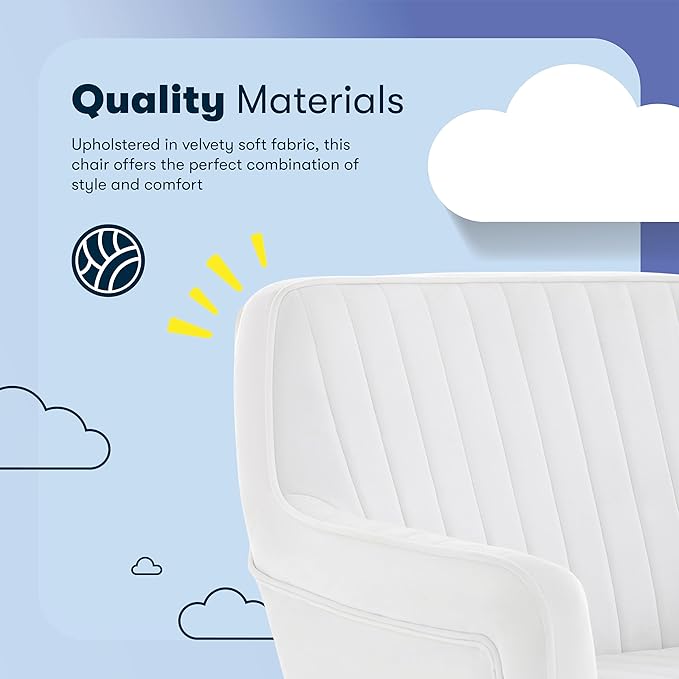 Serta Ashleigh Modern Office Chair, Channel-Tufted Design, Pocket Coil Seat Cushion, Stylish Mid-Century Accent Armchair, Women's Vanity or MakeupChair, Polished Gold Swivel Base, White Velvet Fabric