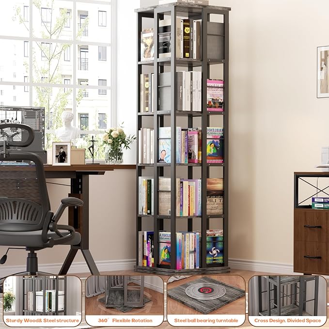 Aheaplus Rotating Bookshelf, Corner Bookcase, 360 Display Wood Spinning Bookshelves, Floor Standing Bookcase Narrow Shelf,5 Tiers, Grey Oak