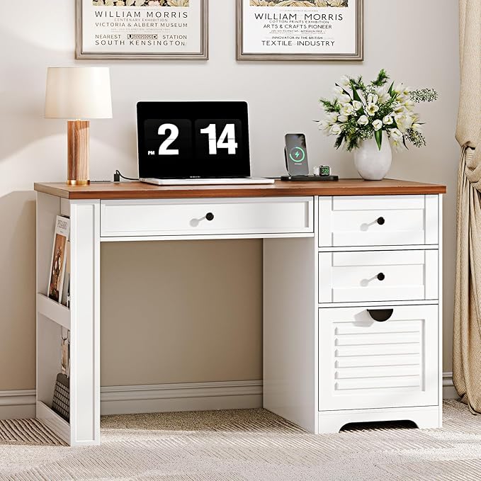 Ieejdn 47" Home Office Desks, Executive Desk, Farmhouse Computer Desk with Drawers and Charging Station, File Drawer, Storage Cabinet, Rustic Computer Writing Desk,Antique White