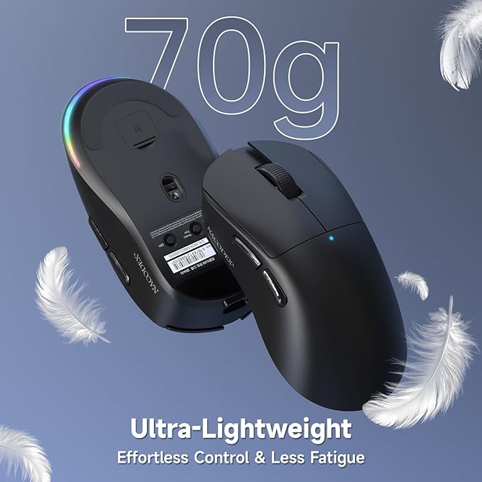 AJAZZ NJ08 Wireless Gaming Mouse 70g Lightweight, 12800 DPI, RGB Strip, 3-Mode Connection 2.4GHz/BT/Wired, 1000Hz Polling Rate, Ergonomic Right-Handed Design for PC, Mac, Windows, Laptop(Black)