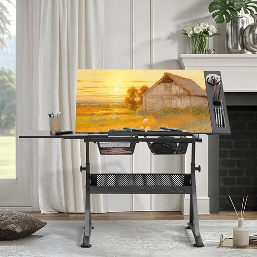MoNiBloom Adjustable Height Drafting Table with Stool, Modern Style, Tough Glass Top, 28-36 in Length, 19 in Width, 30 in Height, Ideal for Artists, Designers, Office, Studio