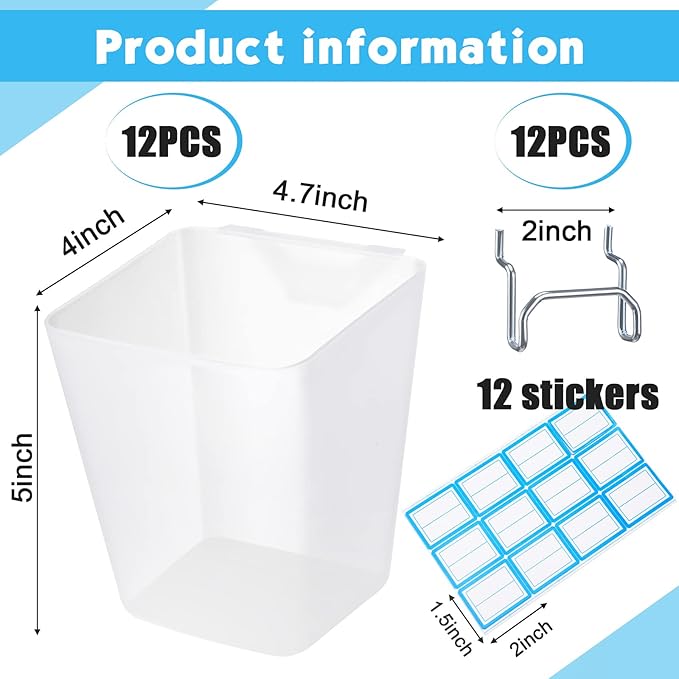 Namalu 12 Pack Pegboard Storage Bins with Labels and Hooks Bulk Peg Board Organizer Accessories Hanging Cup Organizer Pegboard Cup Holder(Transparent)