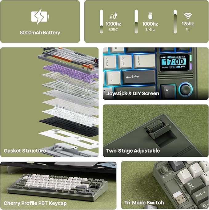 EPOMAKER RT85 Wireless Mechanical Keyboard with Joystick & DIY Screen, 8000mAh, BT/USB/2.4Ghz, Gasket, 5-Layer Paddings, Hot-Swap, PBT Keycap, 75% Gaming Keyboard (Army Green, Crystal Switch)