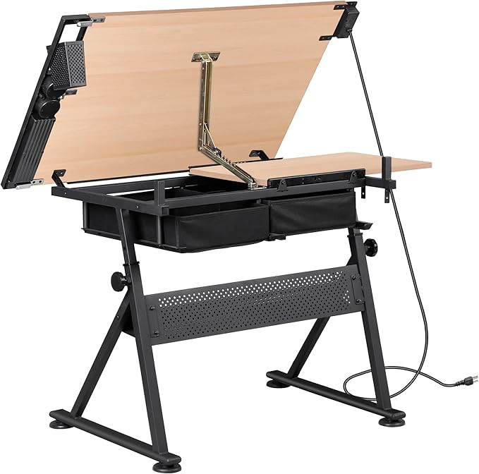 HomGarden Height Adjustable Drafting Desk Drawing Table Art Craft Work Station w/Stool, Power Outlet and Storage Drawers for Home Office Study Room, Natural