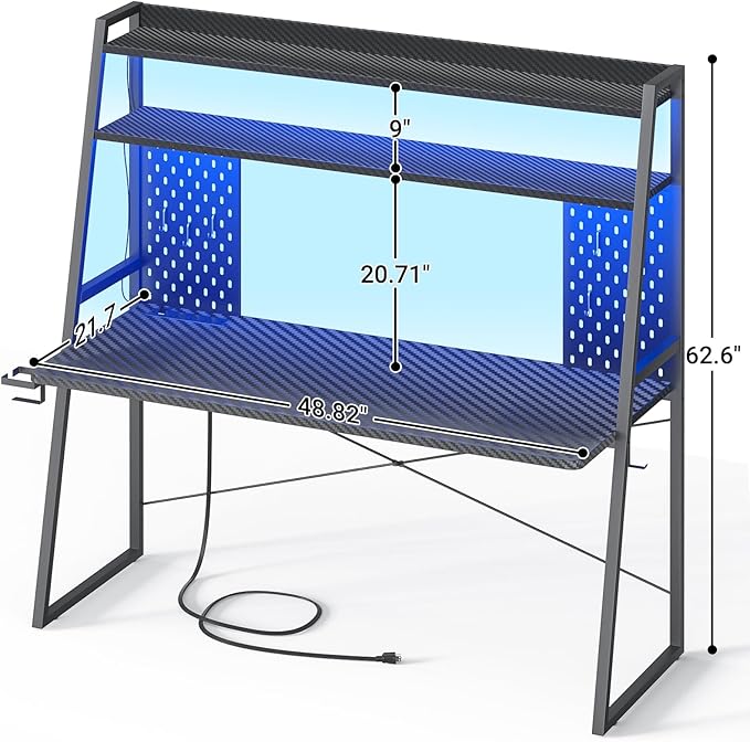 Besiost Gaming Desk with Hutch and LED Lights, Gaming Computer Desk with Power Outlets, Gamer Desk with Storage Shelves, PC Game Desks with Pegboards, for Bedroom, Carbon Fiber Black, 49"