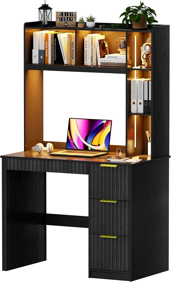 WOOVIVS Home Office Desk with Hutch & LED Lights - 39" Computer Desk with Charging Station, 3 Large Drawers, Hidden Compartment & Fluted Panel Design,Black Writing Desk for Bedroom, Study