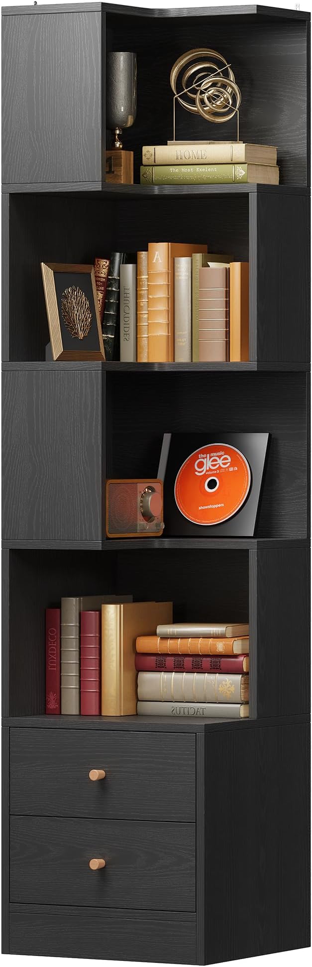 IRONCK Corner Bookshelf, 70.87" Tall Corner Bookcase with Drawers, Corner Shelf Storage Display Rack for Living Room Home Office, Black