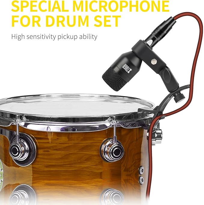 XTUGA DI7 7-Piece Drum Microphone Kit – No XLR Cable Needed, Metal Kick/Bass Drum Mic, Tom/Snare & Cymbal Mics with Clips, for Stage Performances & Studio Recording
