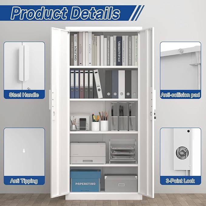 White Metal Storage Cabinet with Doors and Shelves, 71" Tall Metal Garage Cabinets with Lock, Lockable Office Storage Cabinets, Steel Tool Cabinets for Home Office,Garage,Shop