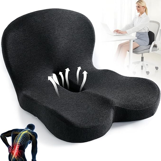 Ergonomic Memory Foam Seat and Back Cushion Set with L Shaped Lumbar Support Non Slip Breathable and Machine Washable for Car Office Chair Wheelchair or Home Use (Black)