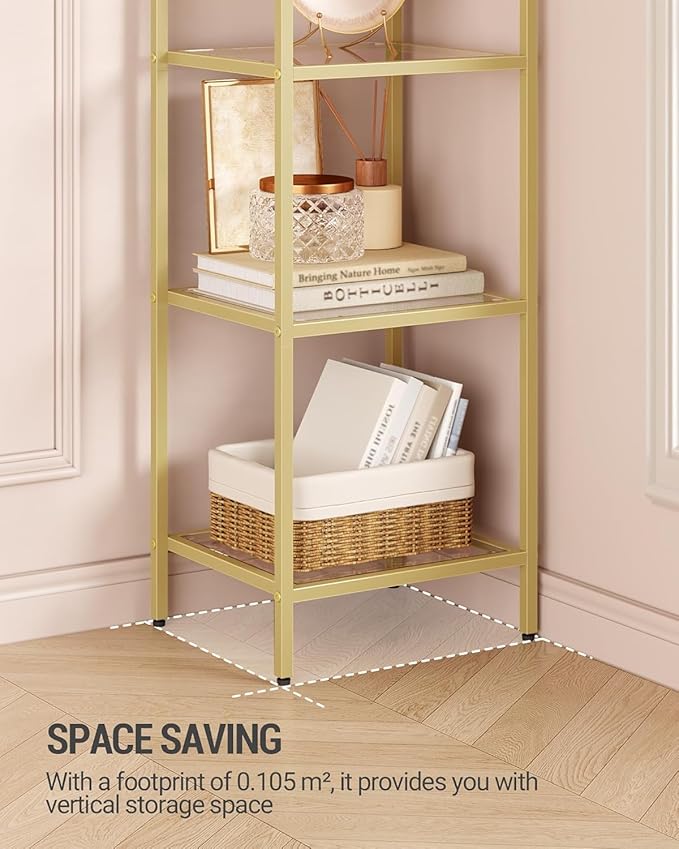 Hzuaneri Bookcase Bookshelf, Tempered Glass Arched Bookshelf for More Storage, Slim Shelving Unit for Bedroom, Bathroom, Home Office, Steel Frame, 5 Tier Gold BC20599G