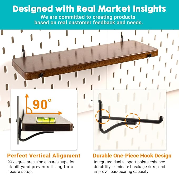 Walnut Color Pegboard Shelf, Pegboard Accessories, Wooden Pegboard Shelves with Pegboard Hooks, Compatible with IKEA Skadis Pegboard