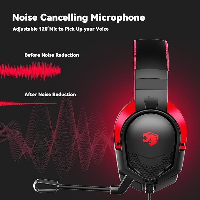Gaming Headset with Microphone for Pc, Xbox One Series X/s, Ps4, Ps5, Switch, Stereo Wired Noise Cancelling Over-Ear Headphones with Mic, RGB, for Computer, Laptop, Mac, Nintendo (Black Red)
